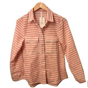 Icon Apparel Pink & white striped long sleeve button down blouse Size L NWT